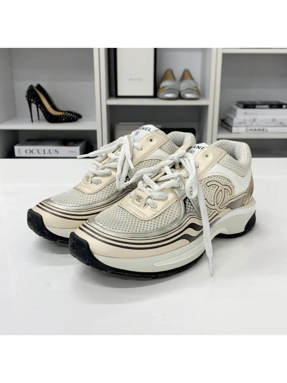 Chanel CC Logo Mesh Leather Sneakers Beige